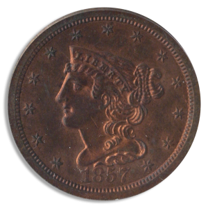 1857 Braided Hair Half Cent PCGS PR63 Red Brown CAC