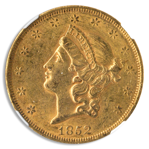 1852 $20 Liberty NGC AU55 CAC +
